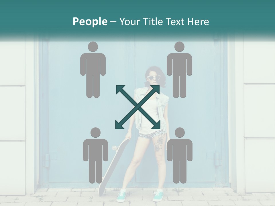 A Woman Holding A Skateboard In Front Of A Blue Door PowerPoint Template