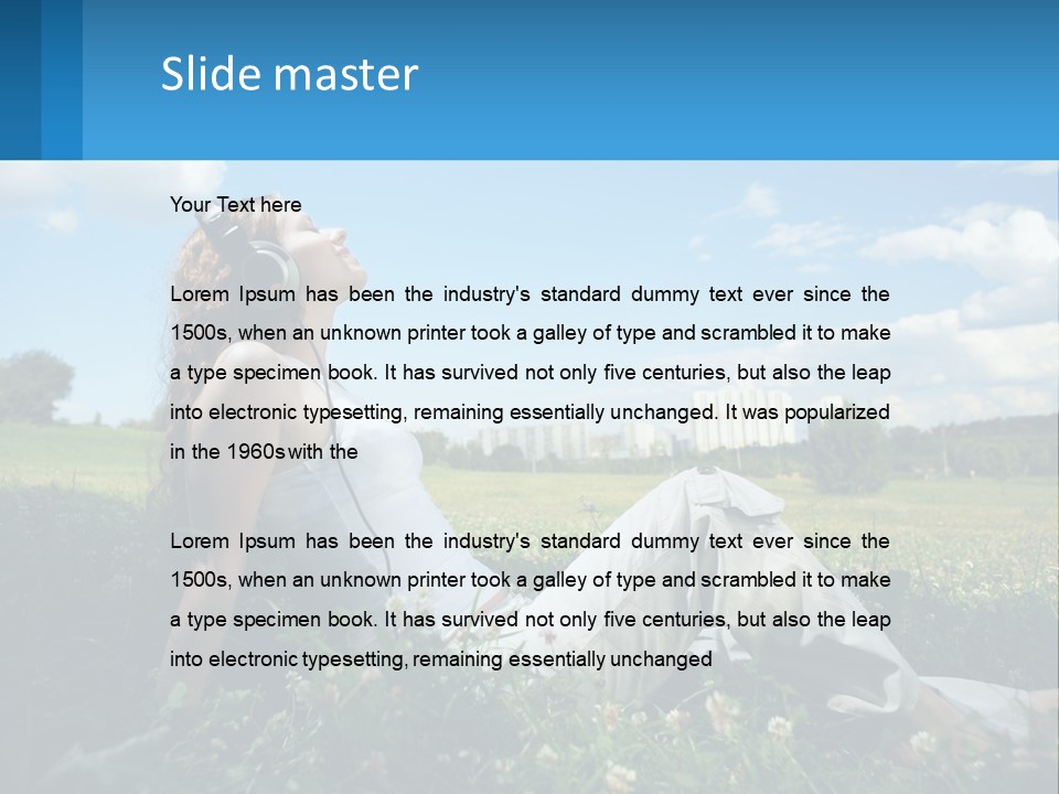 A Woman Sitting In The Grass Listening To Music PowerPoint Template