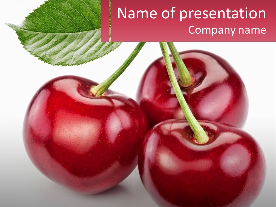 Three Cherries With A Green Leaf On A White Background PowerPoint Template