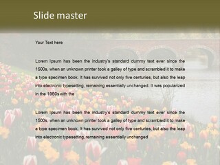 A Bridge Over A River With Lots Of Flowers In Front Of It PowerPoint Template