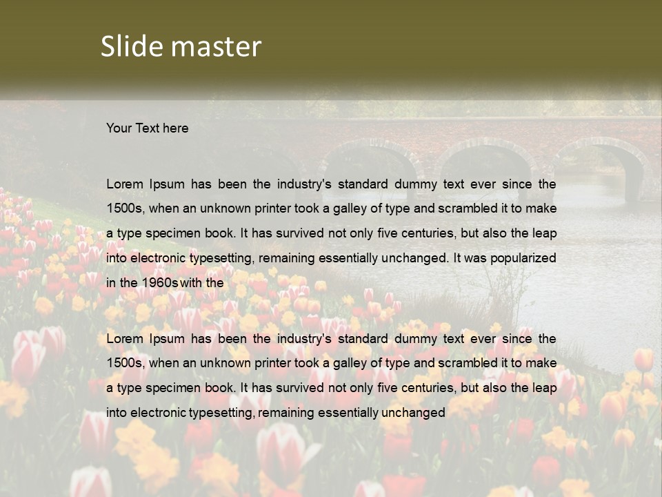 A Bridge Over A River With Lots Of Flowers In Front Of It PowerPoint Template