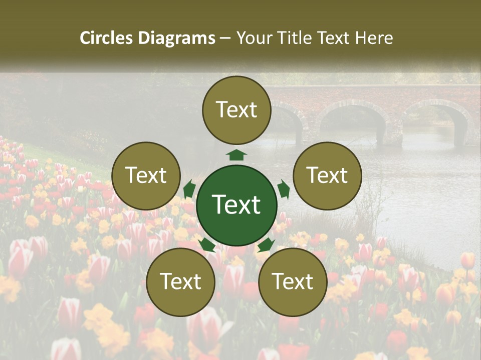 A Bridge Over A River With Lots Of Flowers In Front Of It PowerPoint Template