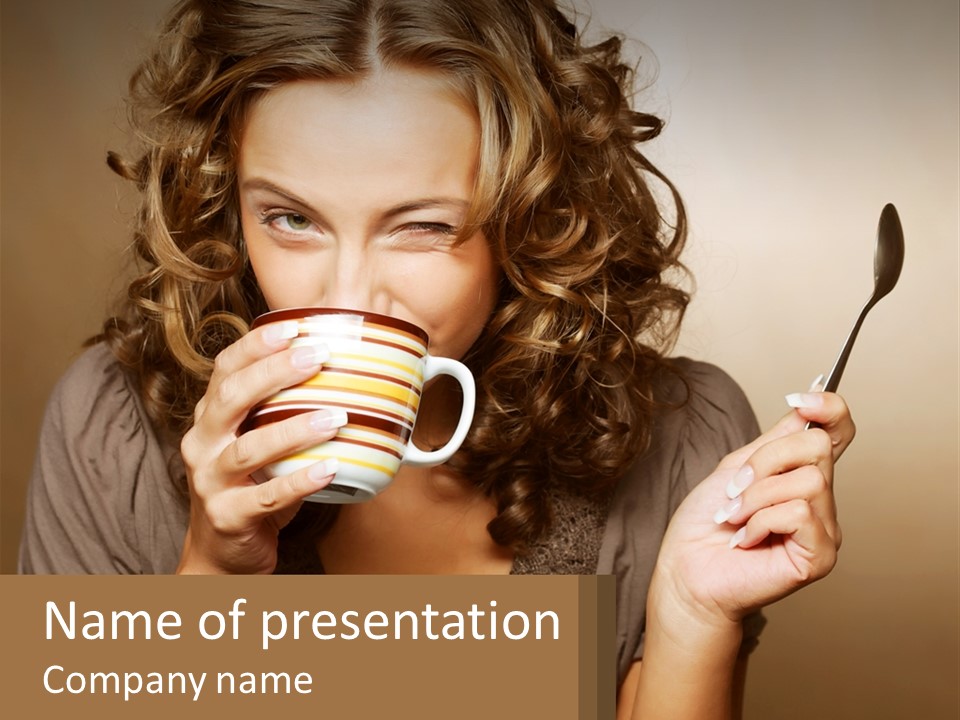 A Woman Drinking A Cup Of Coffee With A Spoon PowerPoint Template