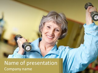 A Woman Holding Two Dumbs In Her Hands PowerPoint Template