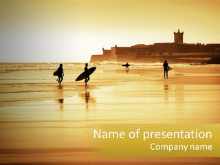 A Group Of People Walking Along A Beach Holding Surfboards PowerPoint Template