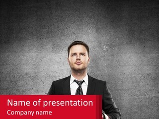 A Man In A Suit Holding A Red Sign PowerPoint Template