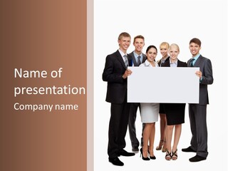 A Group Of Business People Holding A White Board PowerPoint Template