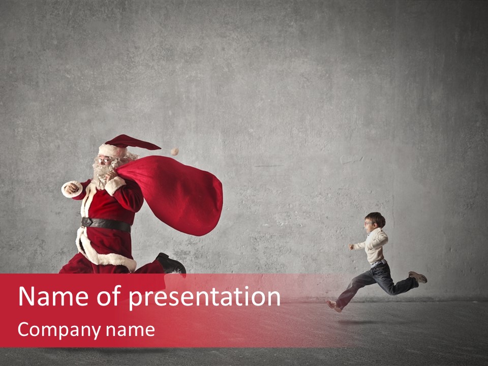 A Man Dressed As Santa Claus Running Away From A Little Boy PowerPoint Template