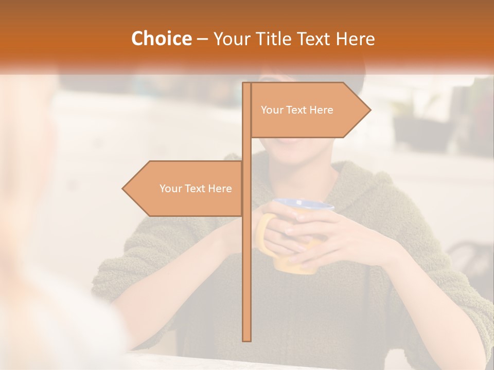 A Woman Sitting At A Table With A Cup In Her Hands PowerPoint Template