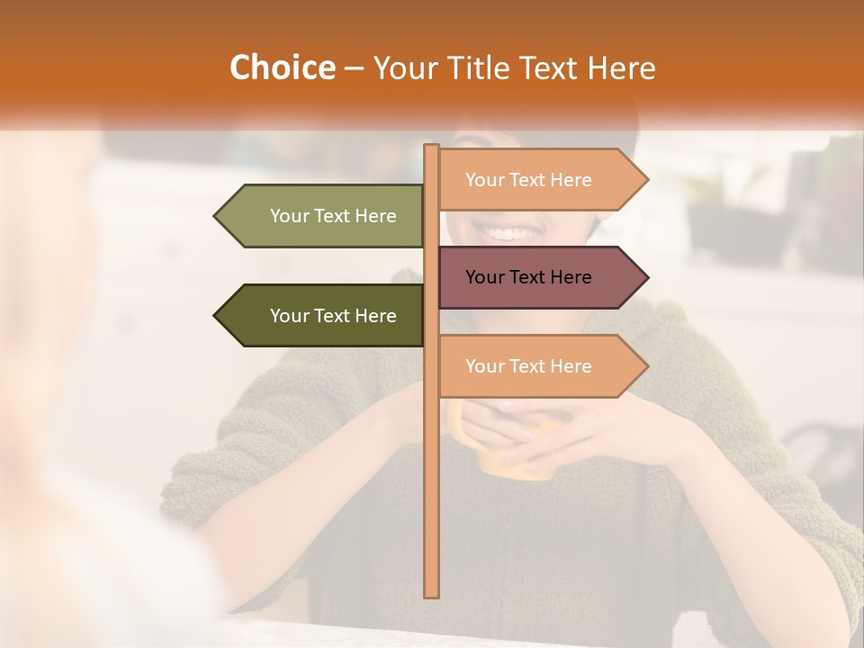 A Woman Sitting At A Table With A Cup In Her Hands PowerPoint Template