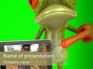 A Frog Holding A Laptop Computer With A Green Background PowerPoint Template