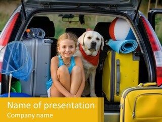 A Young Girl Sitting In The Back Of A Van With Her Dog PowerPoint Template