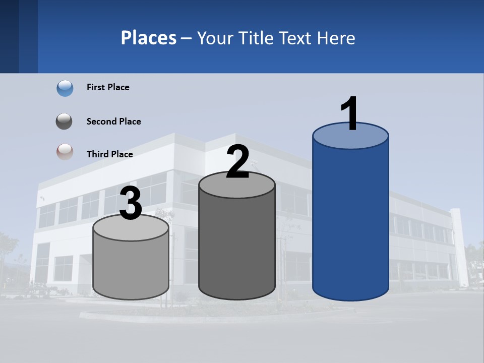 A Large White Building With A Blue Sign In Front Of It PowerPoint Template