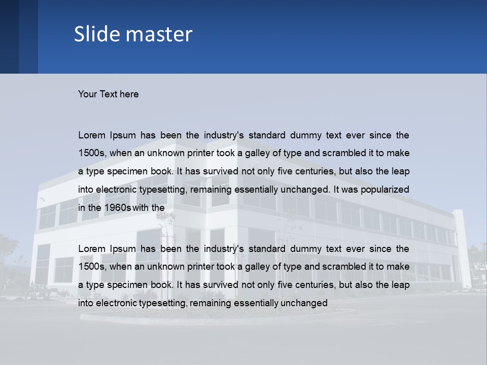 A Large White Building With A Blue Sign In Front Of It PowerPoint Template