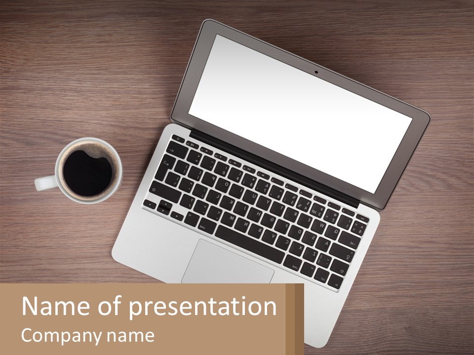 A Laptop Computer Sitting On Top Of A Wooden Desk PowerPoint Template
