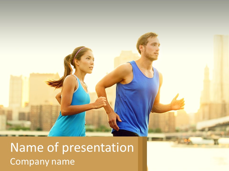 A Man And A Woman Running In A City PowerPoint Template