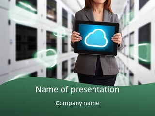 A Woman Holding A Tablet With A Cloud On It PowerPoint Template