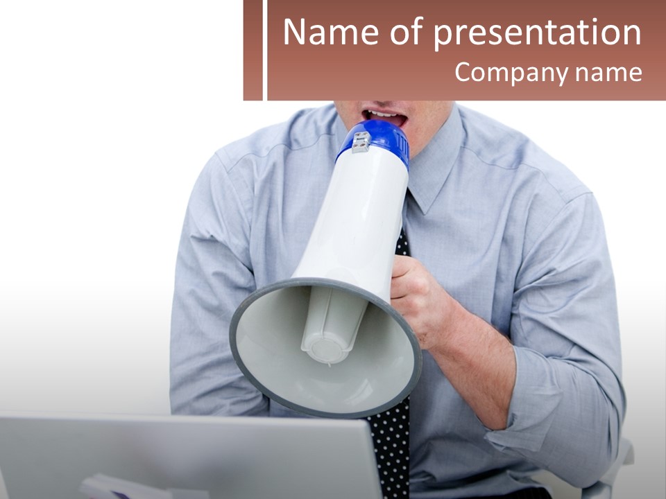 A Man Holding A Megaphone In Front Of A Laptop PowerPoint Template