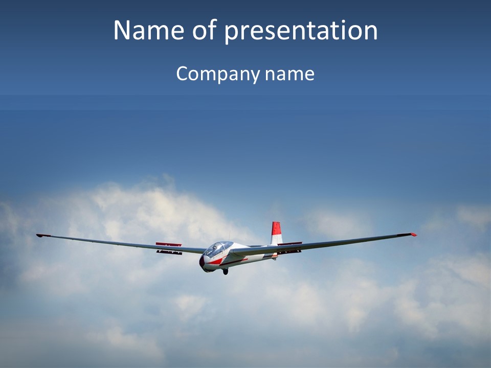 A Small Airplane Flying Through A Cloudy Blue Sky PowerPoint Template