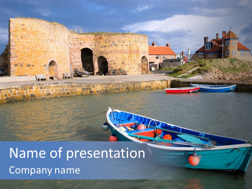 A Blue Boat Sitting In The Water Next To A Stone Wall PowerPoint Template