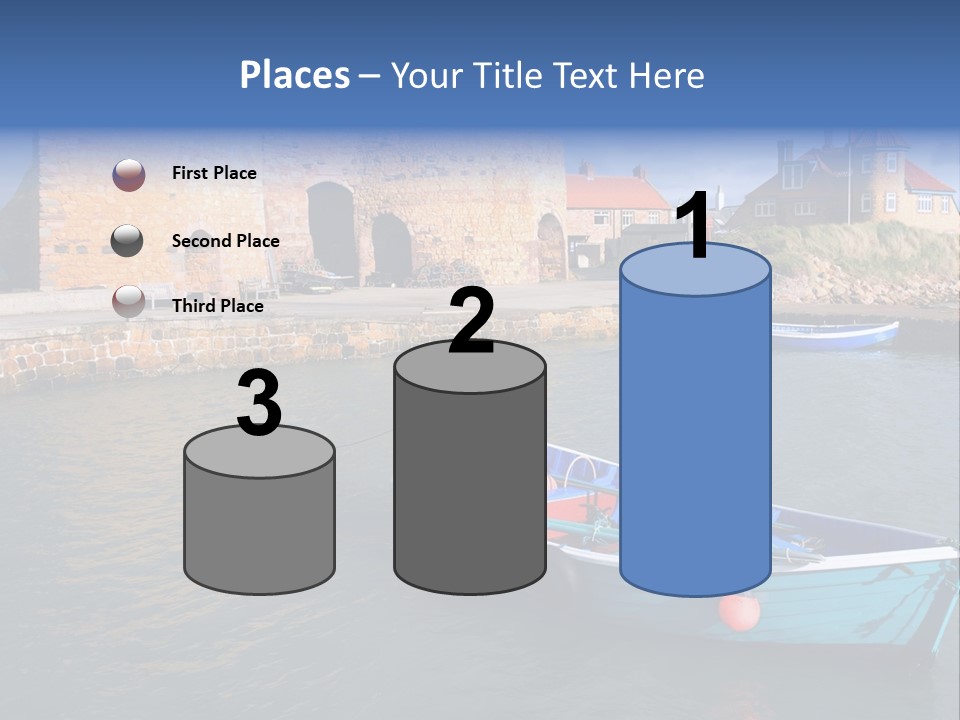 A Blue Boat Sitting In The Water Next To A Stone Wall PowerPoint Template