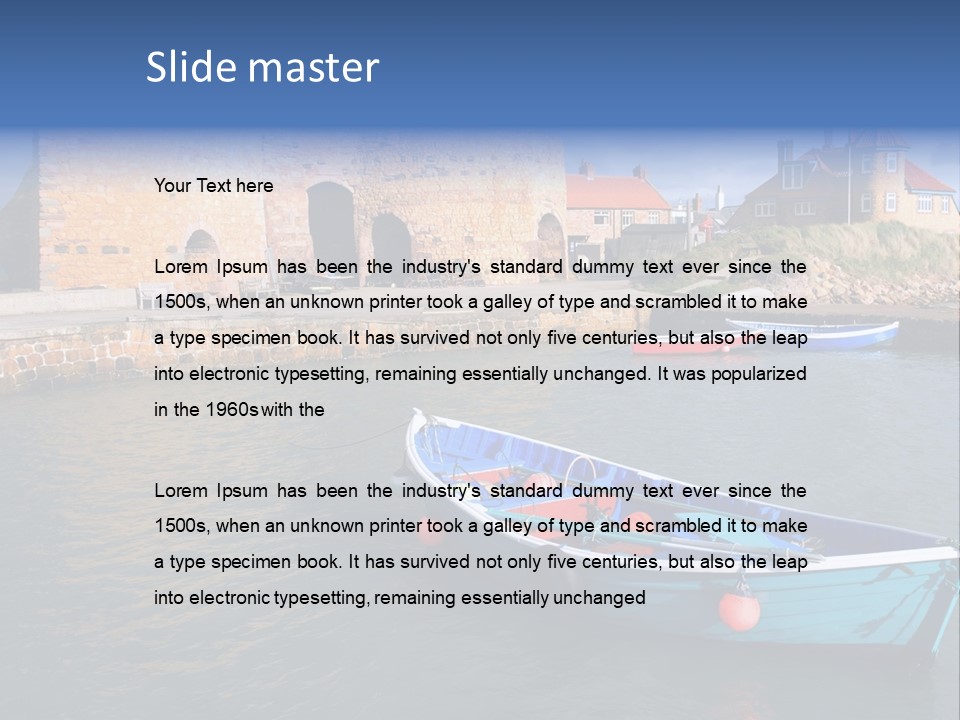 A Blue Boat Sitting In The Water Next To A Stone Wall PowerPoint Template