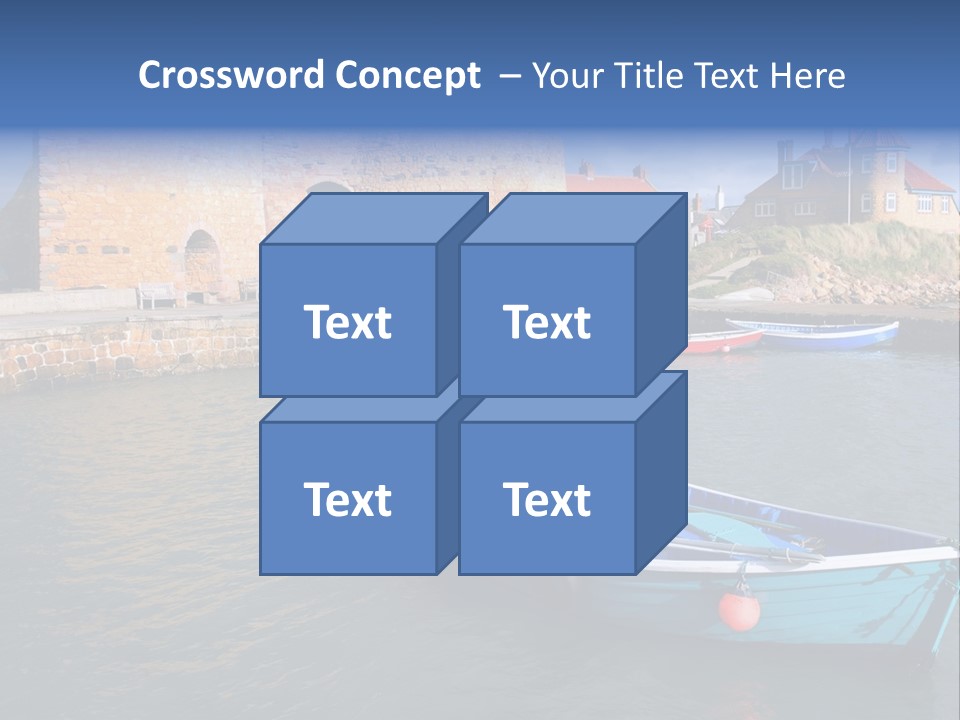 A Blue Boat Sitting In The Water Next To A Stone Wall PowerPoint Template