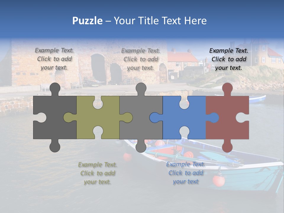 A Blue Boat Sitting In The Water Next To A Stone Wall PowerPoint Template