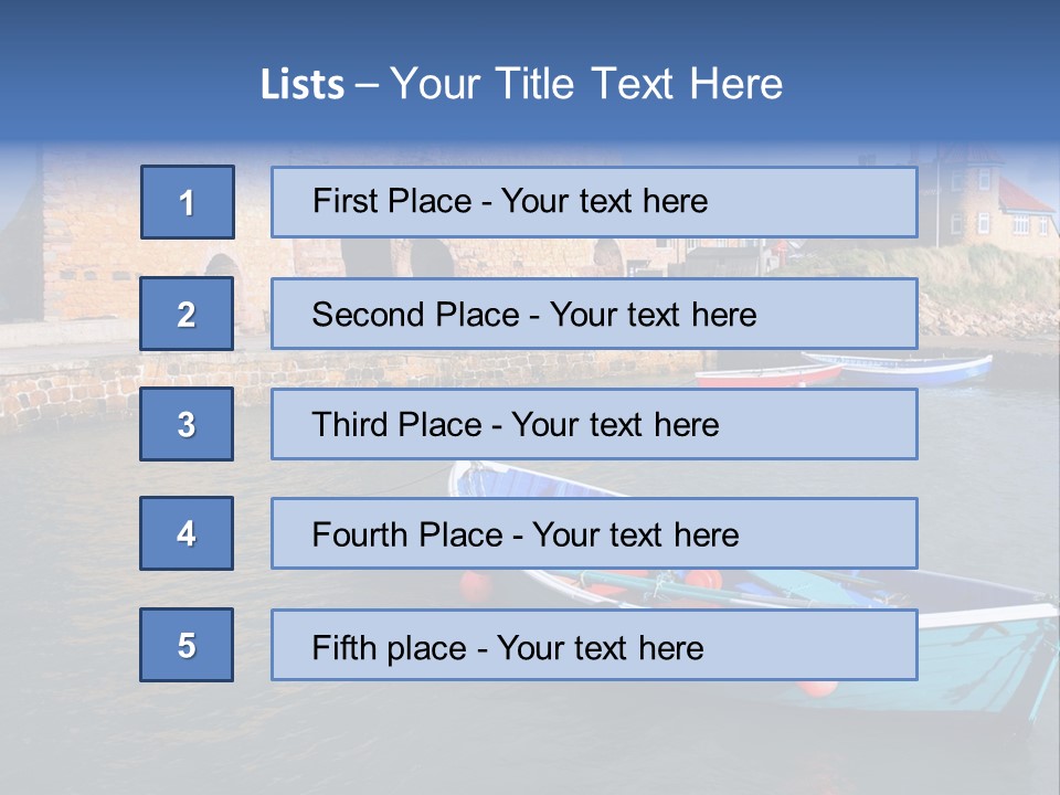 A Blue Boat Sitting In The Water Next To A Stone Wall PowerPoint Template