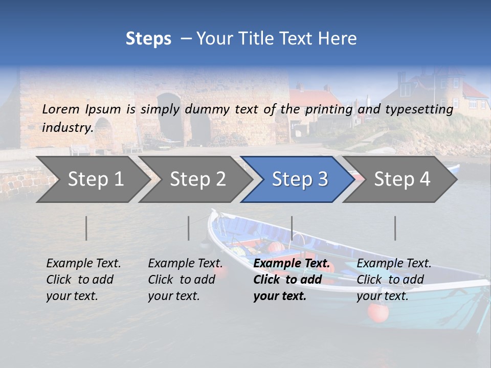 A Blue Boat Sitting In The Water Next To A Stone Wall PowerPoint Template