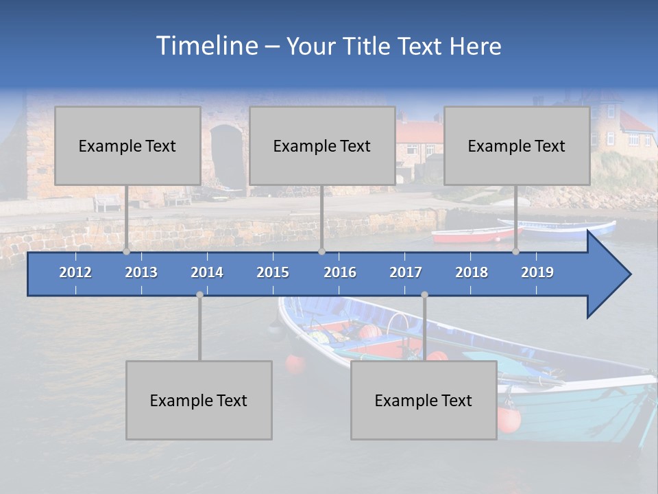 A Blue Boat Sitting In The Water Next To A Stone Wall PowerPoint Template