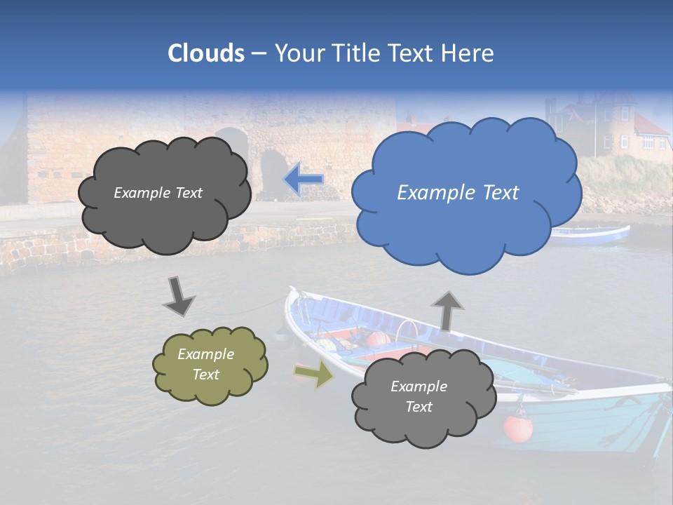 A Blue Boat Sitting In The Water Next To A Stone Wall PowerPoint Template