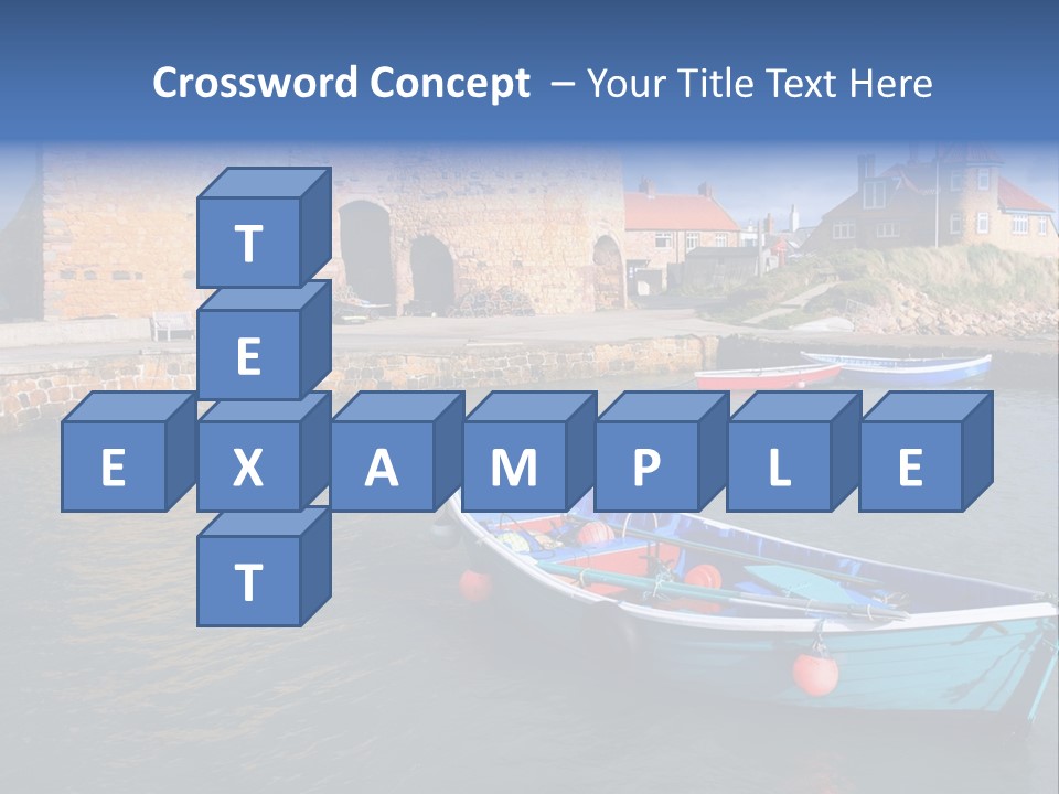 A Blue Boat Sitting In The Water Next To A Stone Wall PowerPoint Template