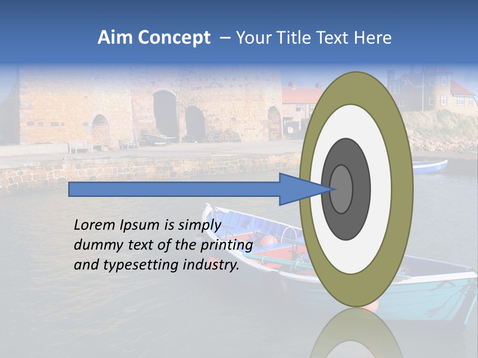 A Blue Boat Sitting In The Water Next To A Stone Wall PowerPoint Template