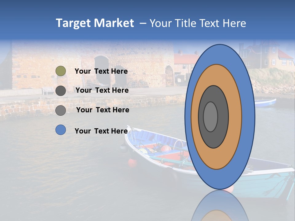 A Blue Boat Sitting In The Water Next To A Stone Wall PowerPoint Template