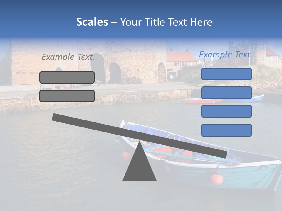A Blue Boat Sitting In The Water Next To A Stone Wall PowerPoint Template