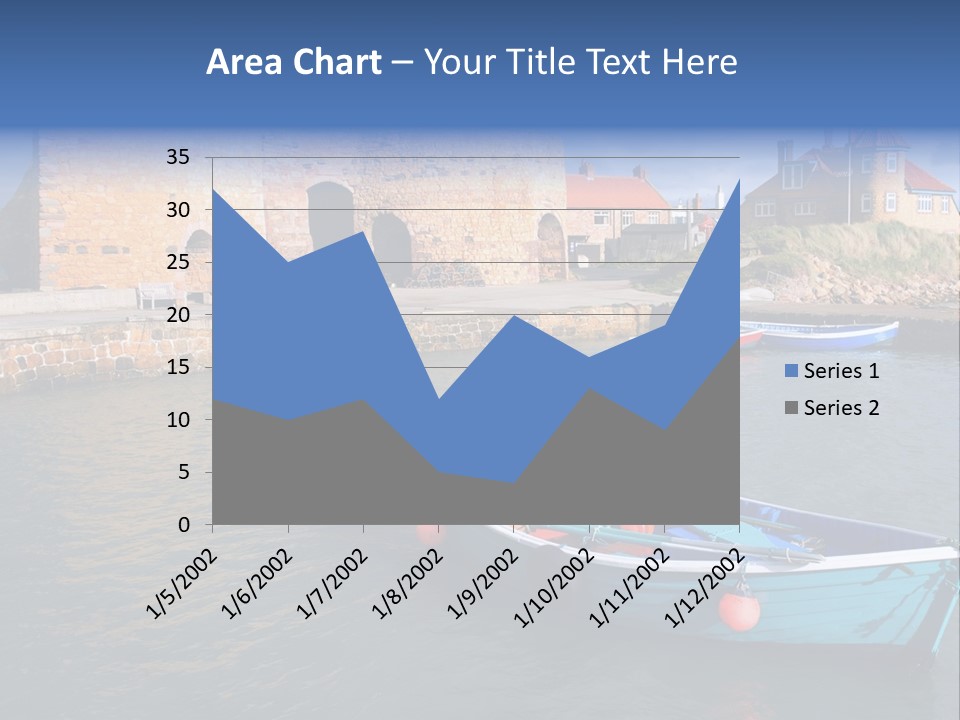 A Blue Boat Sitting In The Water Next To A Stone Wall PowerPoint Template