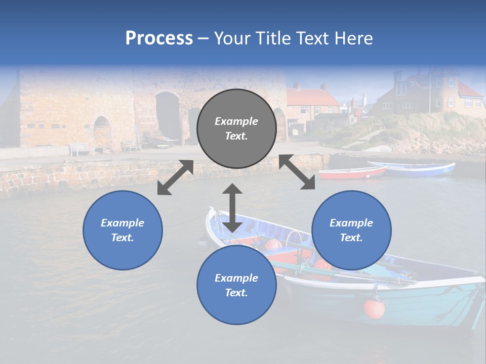 A Blue Boat Sitting In The Water Next To A Stone Wall PowerPoint Template