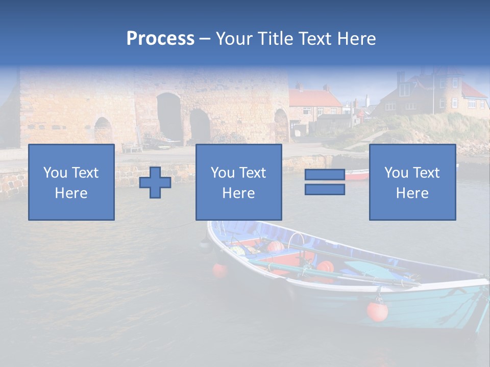 A Blue Boat Sitting In The Water Next To A Stone Wall PowerPoint Template
