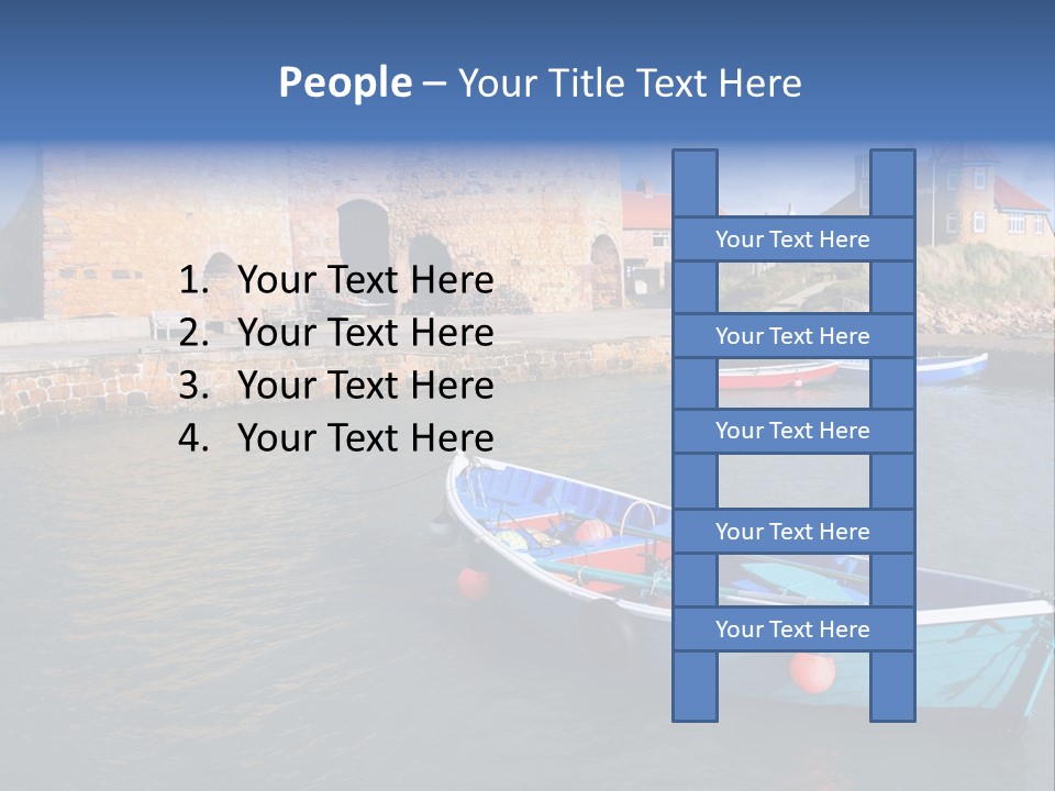 A Blue Boat Sitting In The Water Next To A Stone Wall PowerPoint Template