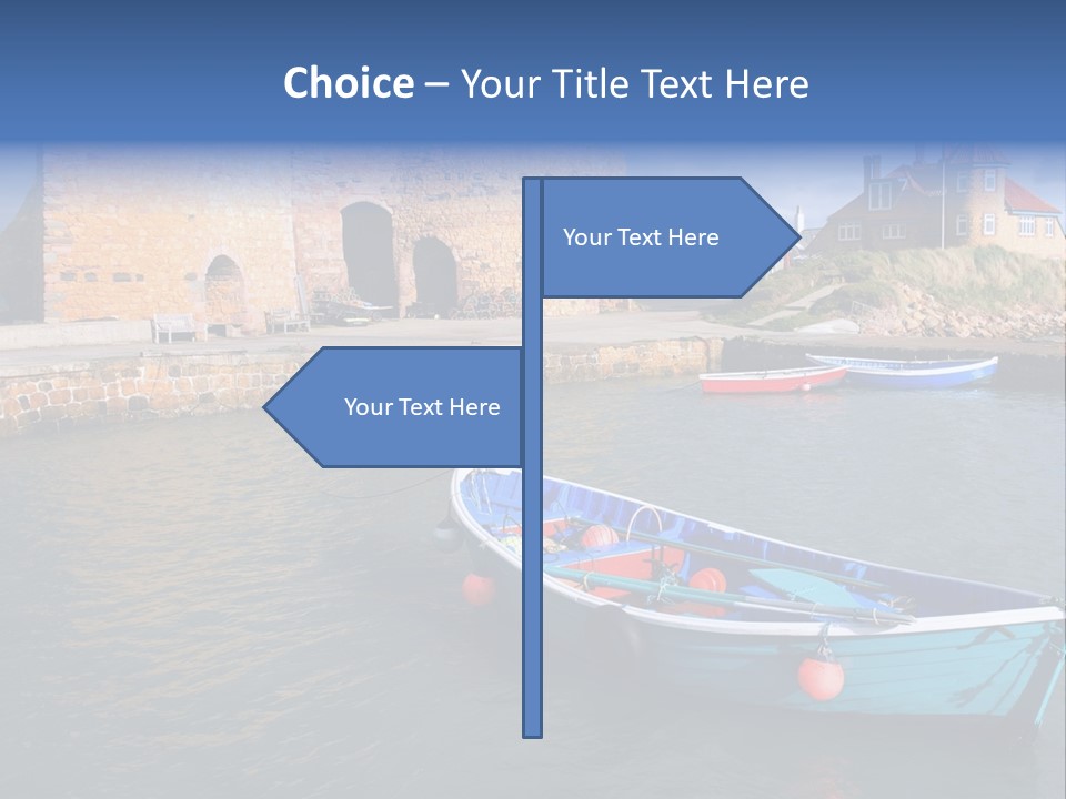 A Blue Boat Sitting In The Water Next To A Stone Wall PowerPoint Template