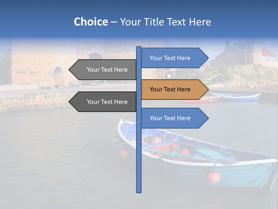 A Blue Boat Sitting In The Water Next To A Stone Wall PowerPoint Template