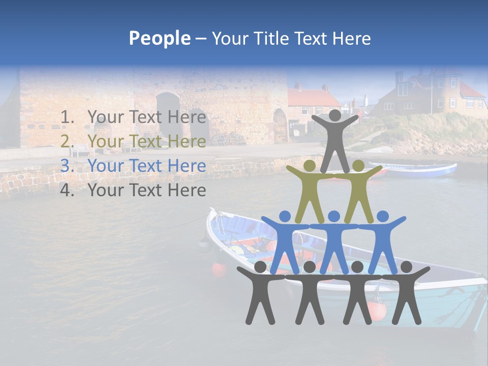 A Blue Boat Sitting In The Water Next To A Stone Wall PowerPoint Template