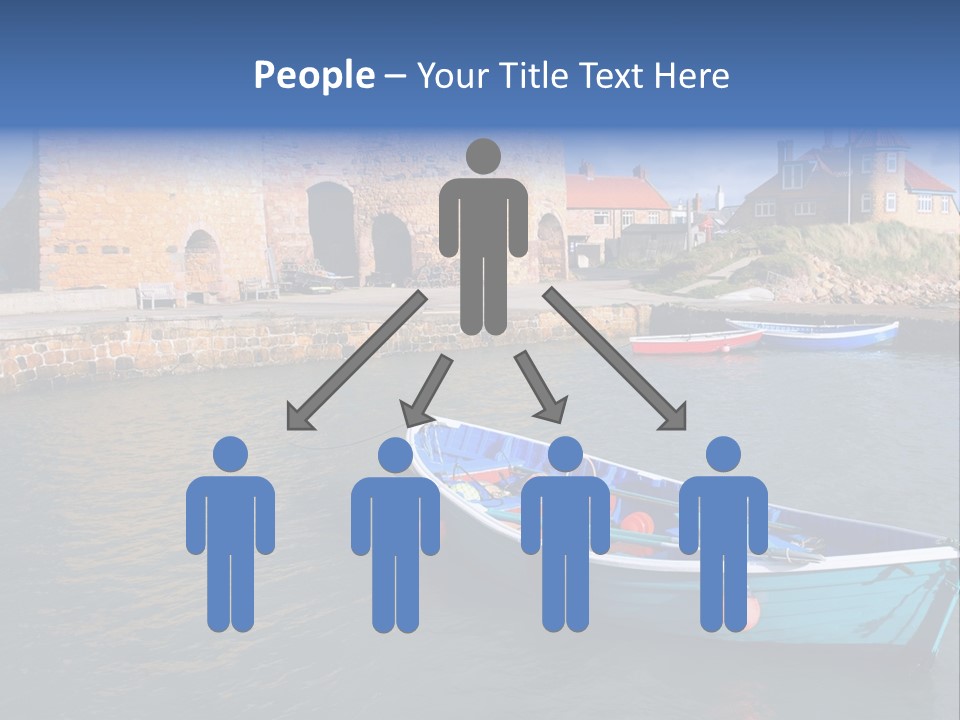 A Blue Boat Sitting In The Water Next To A Stone Wall PowerPoint Template