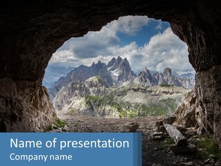 A View Of A Mountain Range Through A Cave PowerPoint Template