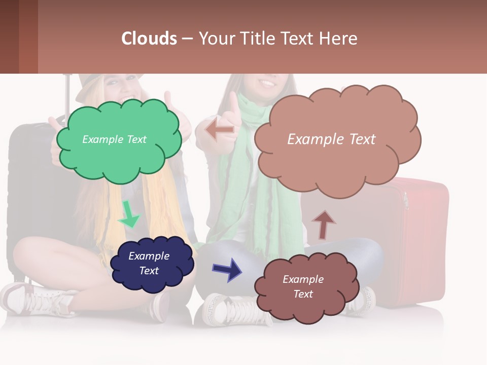 Two Women Sitting On The Ground With Luggage Giving Thumbs Up PowerPoint Template