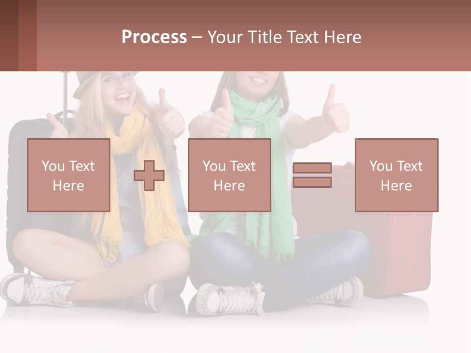 Two Women Sitting On The Ground With Luggage Giving Thumbs Up PowerPoint Template