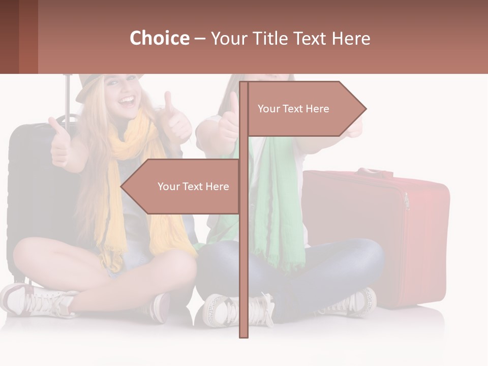 Two Women Sitting On The Ground With Luggage Giving Thumbs Up PowerPoint Template