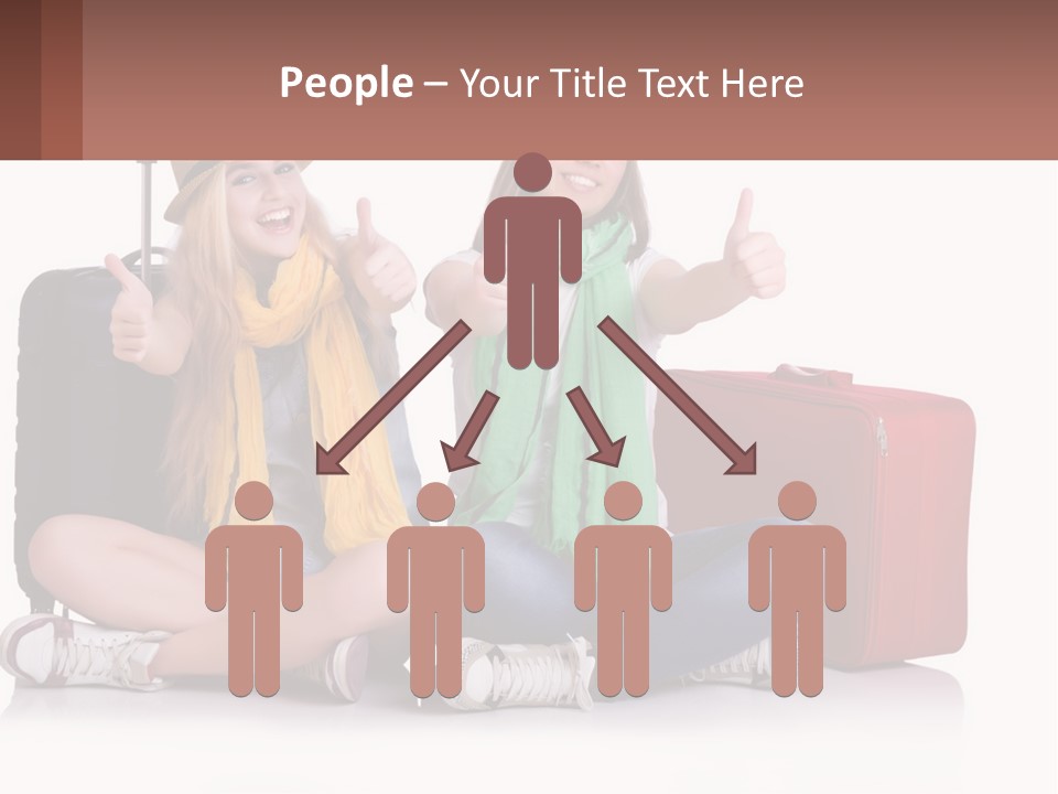 Two Women Sitting On The Ground With Luggage Giving Thumbs Up PowerPoint Template