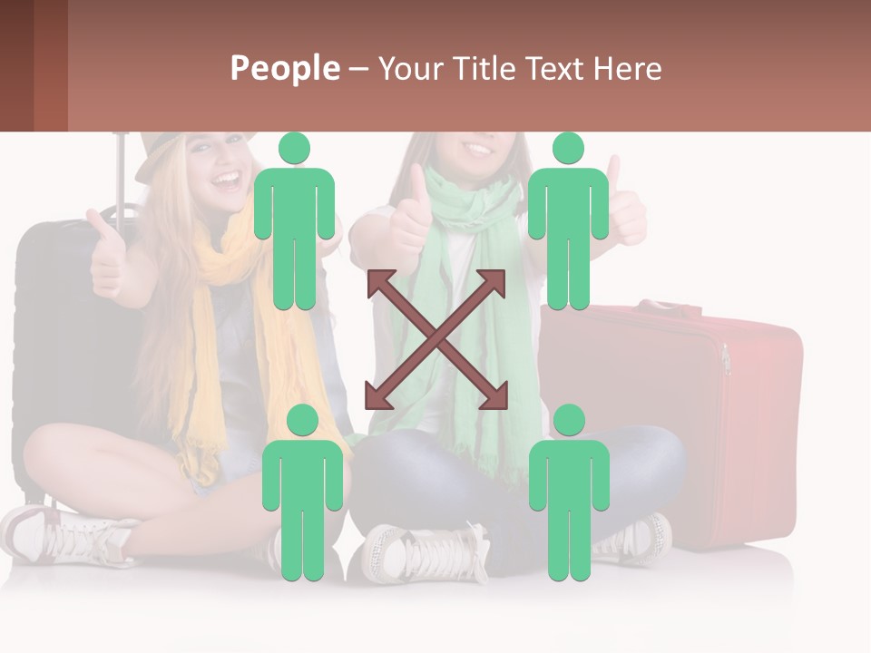 Two Women Sitting On The Ground With Luggage Giving Thumbs Up PowerPoint Template